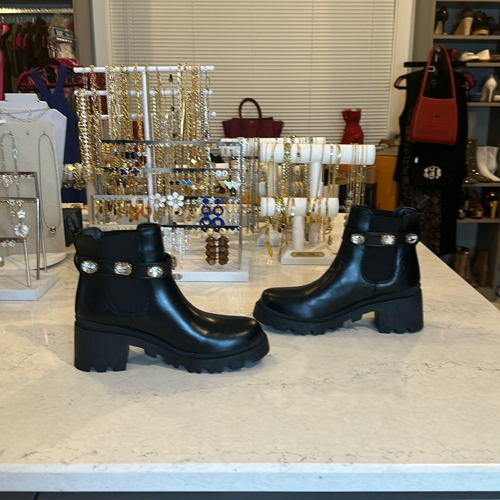 Sugar black faux leather with gemstones heeled boots size 8